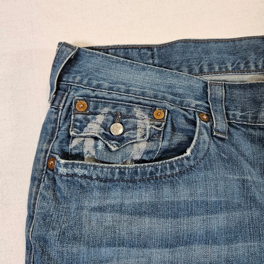 True Religion Mens Boot Cut Jeans Blue Distressed Graphic Back Pocket 40 USA